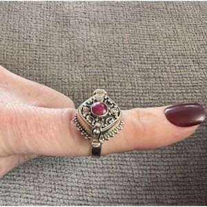 Vtg 925 Sterling Silver Poison Box Ring Ruby Red Hinge Locket Size 8